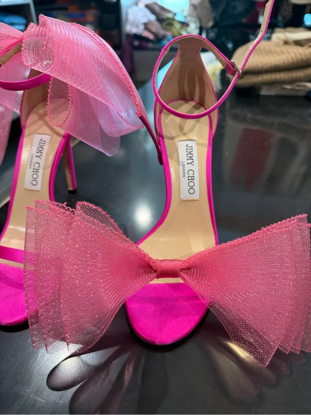 Jimmy Choo Hot Pink Tulle Bow Ankle-Strap Heels